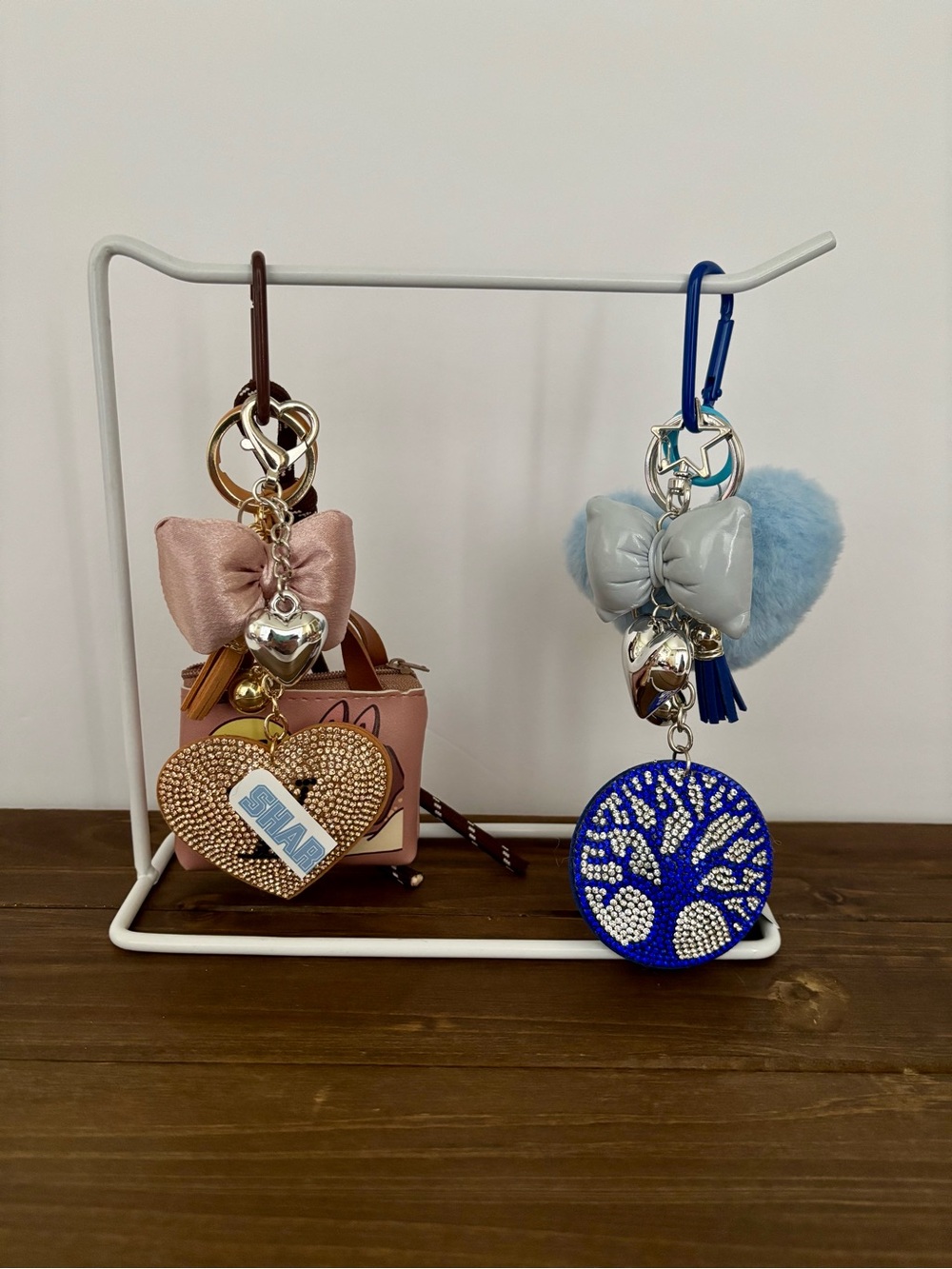 2PC Blush Pink and Light Blue Rhinestone Heart & Tree Keychain Charms